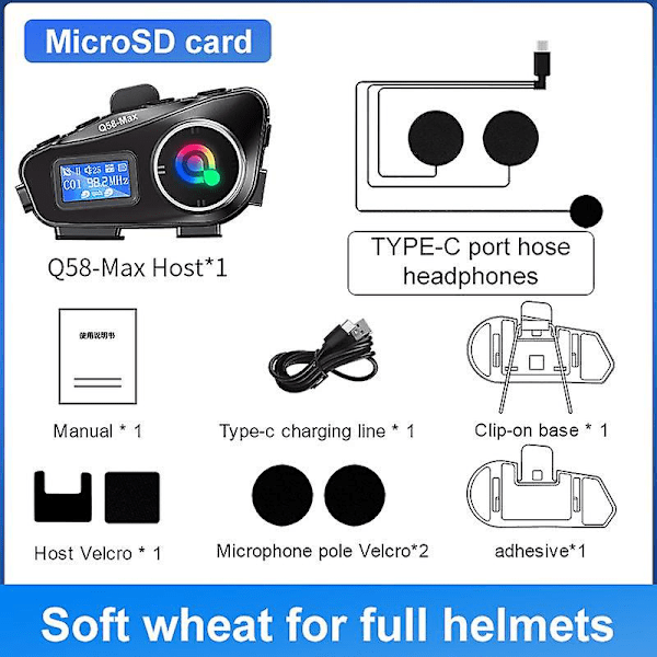 Motorsykkel Intercom Hjelm Headset BT5.3 500M intercomunicador Moto FM Radio Music Share LCD Display Hodetelefon For 2 Førere Q58-Max 1Pcs Soft Mic