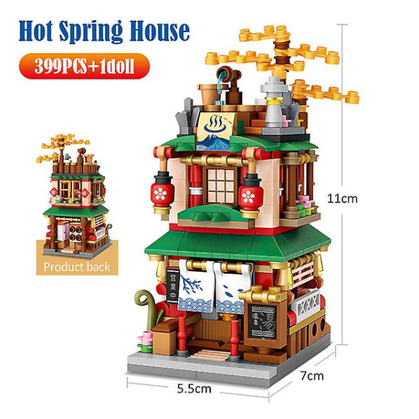 Mini City Street View Noodle Shop House Rakennuspalikat 4 in 1 Japanilainen arkkitehtuuri Friends Figuurit Tiilet Lelut lapsille (FMY) hot spring house