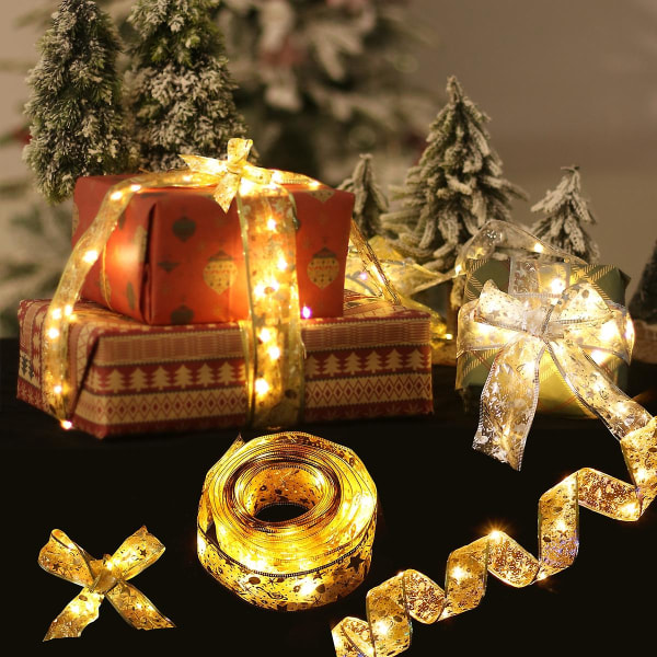 Ribbon Fairy Light juledekorasjon Juletrepynt til hjemmet 2023 Buer String Lights Navidad Natal nyttår 2024 (FMY) Gold-Warm-2M