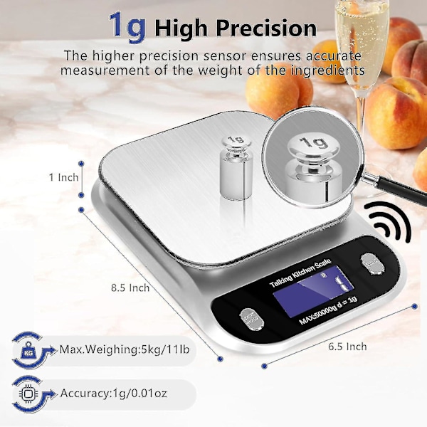 Puhuva Ruokavaaka, 5kg/11lb Puhuva Digitaalinen Keittiövaaka Paino Unsseina ja Grammoina Ruoanlaittoon ja Leivontaan, Selkeä Puhdas Ääni Puhuva Keittiö (FMY)