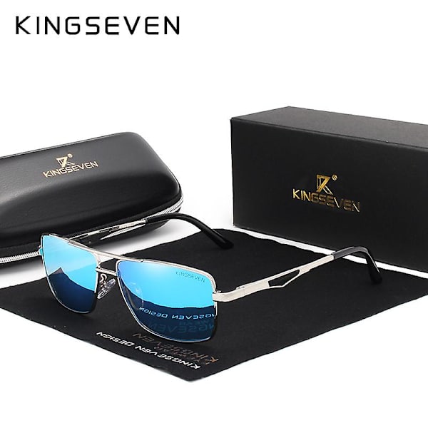 KINGSEVEN 2022 Klassiska Kvadratiska Polariserande Solglasögon för Män, Körglasögon, UV-Blockerande Oculos N7906 (FMY) Silver Blue Original