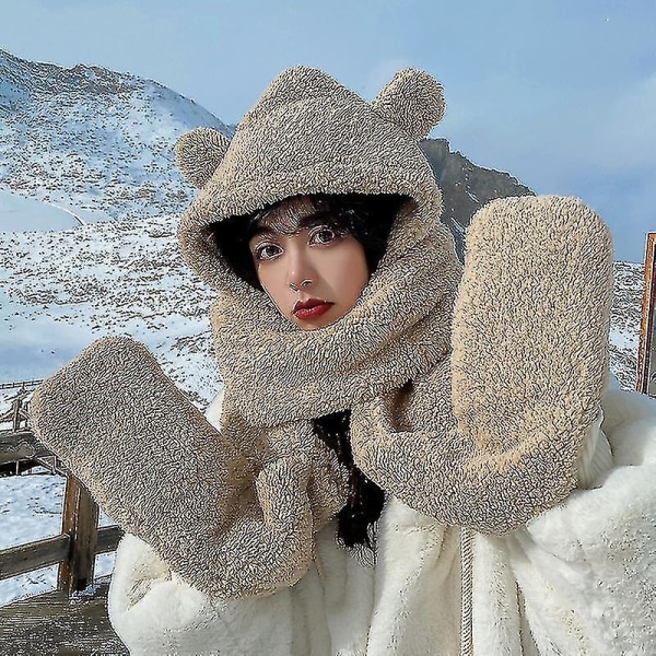 3-i-1 lue skjerfhanskersett vintervarme søte bjørneører Plysj hettegenserhette Casual Solid Thicken Cotton (FMY)