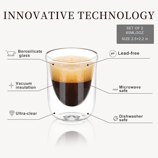 Liangnv Espresso Koppar Set om 2, 2 Oz Espresso Shotglas, Espresso Muggar, Dubbla Isolerade Borosilikatglas, Tazas De Cafe Expre  (FMY)