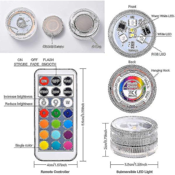 10 stk Mini Neddykbare LED-lys, Aled Lys Undervannslys Vanntette RGB Flerfargede LED-lys med 2 Fjernkontroller for Svømming (FMY)