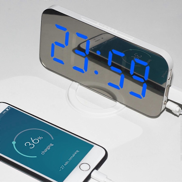 Digital väckarklocka med spegelyta, dubbla USB-portar och LED-display för kontor och hem (FMY) Black and Blue