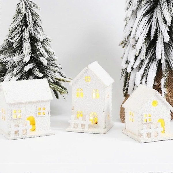 3-delad Julby Illuminerade Vit, Mini Ljus Hus Gäst Hus, Jul Lykta LED, Deco Trä Hus Skandinavisk, Jul  (FMY) style3447