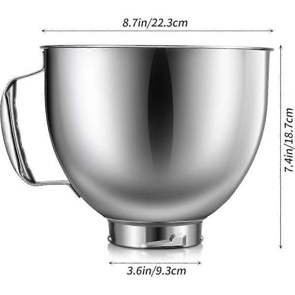 Rustfri stålskål til KitchenAid 4,5-5 Quart Tilt Head Stand Mixer, til KitchenAid Mixer Skål, Di (FMY) Silver