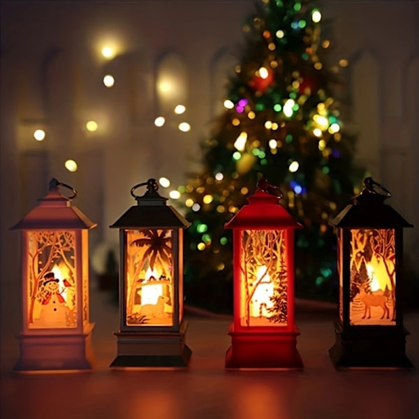 Sæt med 6 Julelanterne Dekorationer med LED Lys - Sæsonbestemte Julebordspynt med Snemand og Festlige Scener - Batteridrevet Opera (FMY) 6pcs