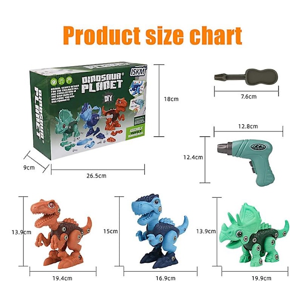 3 stk Dinosaur Leke Elektrisk Drill Demontering Og Montering Barneleker Dinosaur Leke Utdanningsleke  (FMY) B