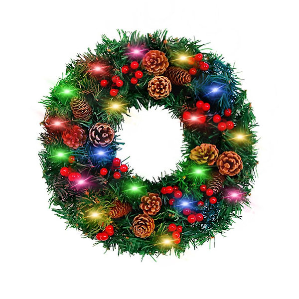 Konstgjord Julkrans med Tallkottar Röda Bär LED-Ljus Girlang för Dörren Vägg Lanthus Dekoration Utomhus Inomhus Festtillbehör (FMY) 40 cm-colourful lights