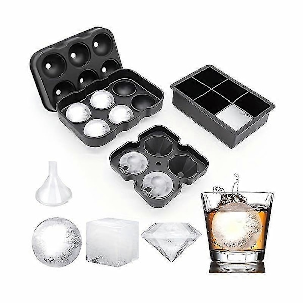 Sæt med 3, isterningebakke med låg, køleskabssilikone isterningeform, 6 kugle-isterningebakke, 4 diamantformede og 6 isbakker, genanvendelig piskeris (FMY) 3pcs