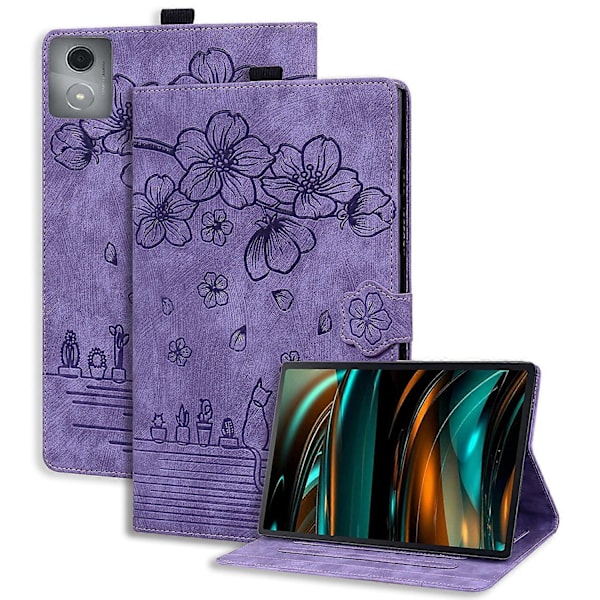 For Lenovo Tab M11 Plus/ Tab K11 Plus Veske Lær Stativ Nettbrett Deksel Blomst Katt Kortspor (FMY) Purple