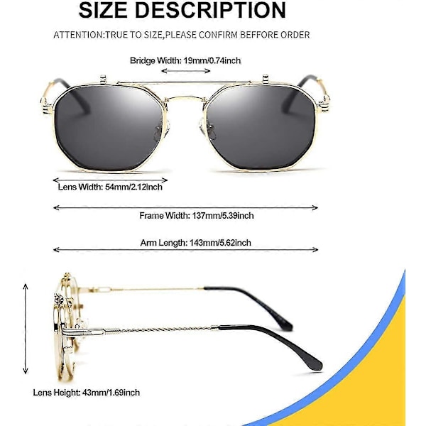 Käännettävät Aurinkolasit Miehille ja Naisille Polarisoitu Steampunk Käännettävät Aurinkolasit Kaksoislinseillä (FMY) Gold Frame-Gray Lens