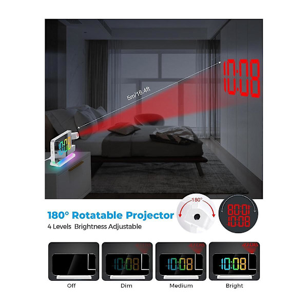 Projektionsvækkeur, 7,4 tommer LED-spejl digitale ure display, +180 roterbar projektor, natlys hvid (FMY)