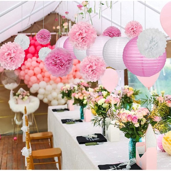15 st Party Pack papperslyktor och Pom Pom bollar Hängande dekoration för bröllopsfödelsedag Baby Shower-rosa/vit (FMY)