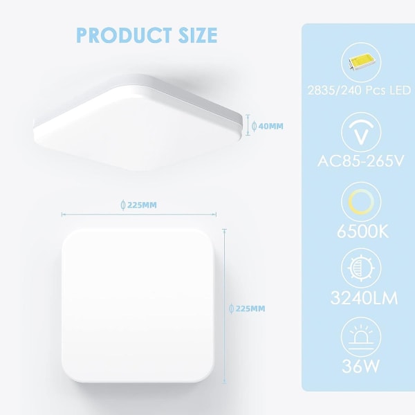 36W Neliömäinen LED-kattovalaisin, 3240lm Kattovalaisin, 6500k Sisävalaistus, Moderni Valolamppu (FMY)