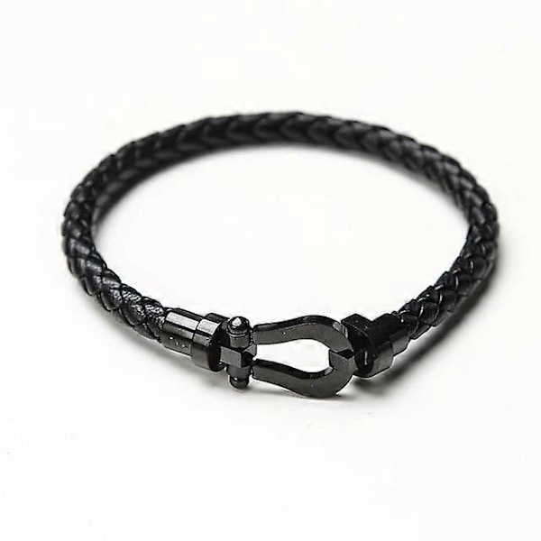 Læderarmbånd til mænd med flet, læderarmbånd med hestesko-spænde i rustfrit stål, U-formet armbåndssmykke til mænd (FMY) black 17cm