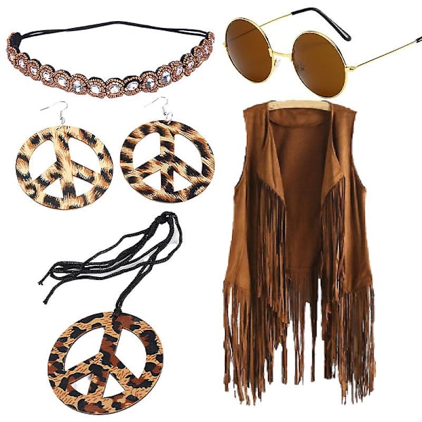 Hippie-kostymset, 60- och 70-talets kvinnliga hippie-kostymtillbehör, inklusive tofsväst, boho-pannband och toförhängen (FMY)