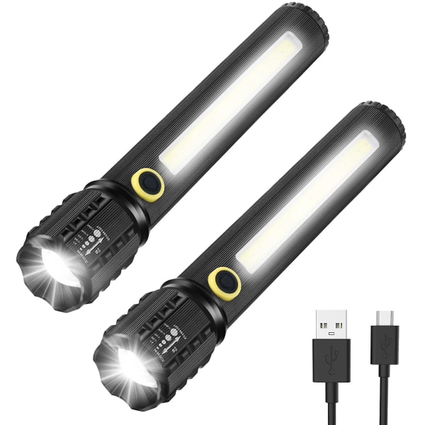 Led ficklampa, 2-pack ficklampa justerbar och zoombara ljusa ficklampor, nöduppladdningsbar led-ficklampa, 16cm (FMY)