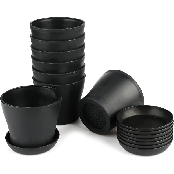 Sæt med 8 små 10 cm sorte plastik urtepotter til kontor, hjem, kontor med bakker/paller (FMY)