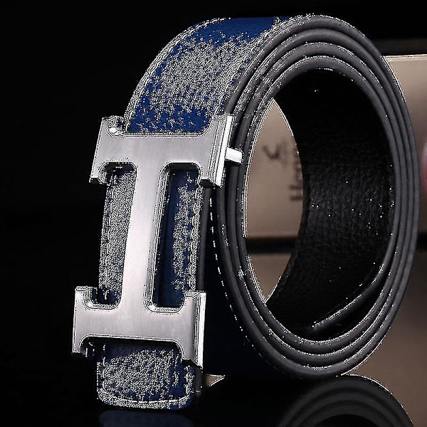 Ny Stil Business Fritid Ægte Pu Læder H Glat Spænde Litchi Korn Bælte Til Mænd V  (FMY) Blue-silver buckle