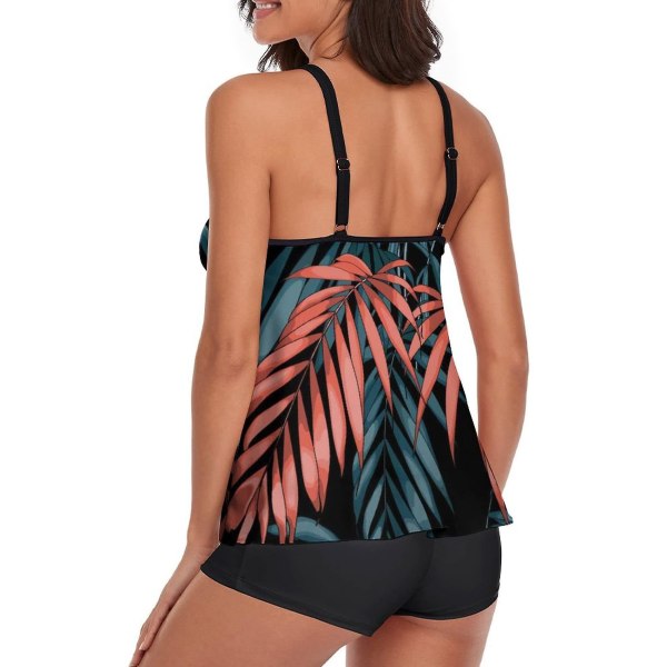 Flowy Tankini badedragt til kvinder, badedragt med mave, todelt badedragt, tanktop med shorts, røde blade, L (FMY)