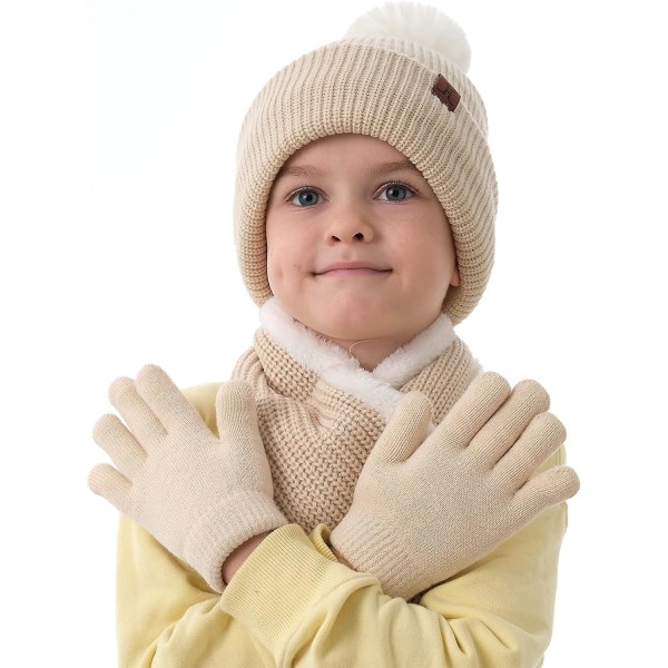 3 stk Pigehue Tørklædehandsker Sæt Alder 3-8 - Tørklædehandsker Sæt Piger Vinter Småbørn Med Varmt Fleecefor Pompoms Beanie Cap Og Loop Tørklæde?/li> (FMY)