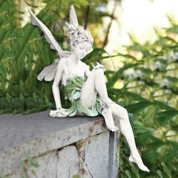 Blomsterfe-Skulptur Hage Landskapsutforming Hagekunst Ornament Harpiks Turek Sittende Statue Utendørs Engelfigurer Håndverk Dekorasjon (FMY) White