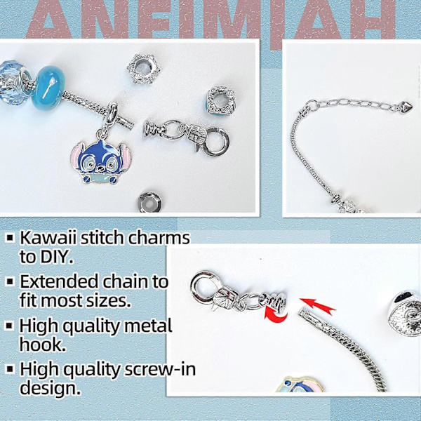 Stitch Charm Armbånd, Inspirasjons-Stitch Charms Kvinners Slangekjede Smykker Bursdagsgaver (FMY) Adjustable  10 Charms