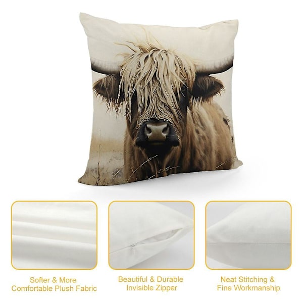 Highland Cow Pudebetræk - Brun Trykt Ko Pude - Sødt Ko Pude til Sofa, Stol, Soveværelse, Landhus Sofa zx51 (FMY) 20x20in 50x50cm