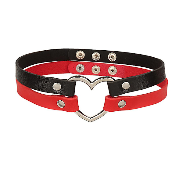 Söpö ja viileä kontrastivärinen kaksirivinen sydänkuvioinen nahkakaulus PU-nahkainen kaulakoru choker (FMY) Black and red