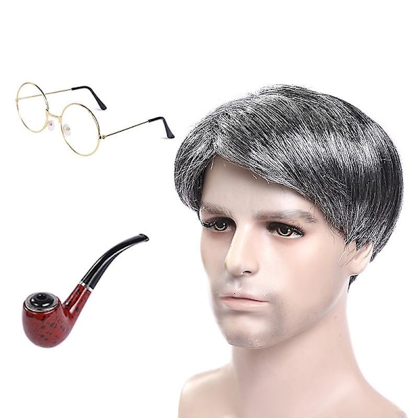 Cosplay Pappa Peruukki Parta Halloween Keski-ikäinen Ja Vanhus Hopea Musta Peruukki Lava Pukeutumisperuukki (FMY) Grandpa's five-piece set b