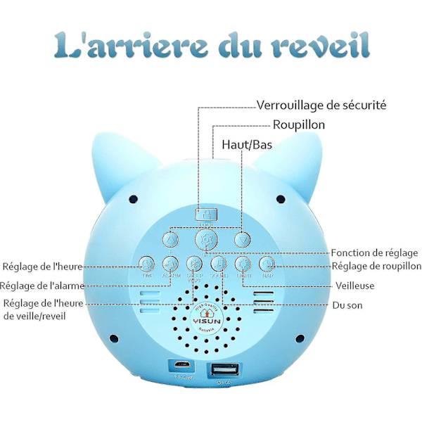 Herätyskello lapsille, uniohjaaja lapsille, makuuhuoneen herätyskello söpö digitaalinen kello lämpötilan kanssa, 5 väriä älykäs yövalo kello Te  (FMY)