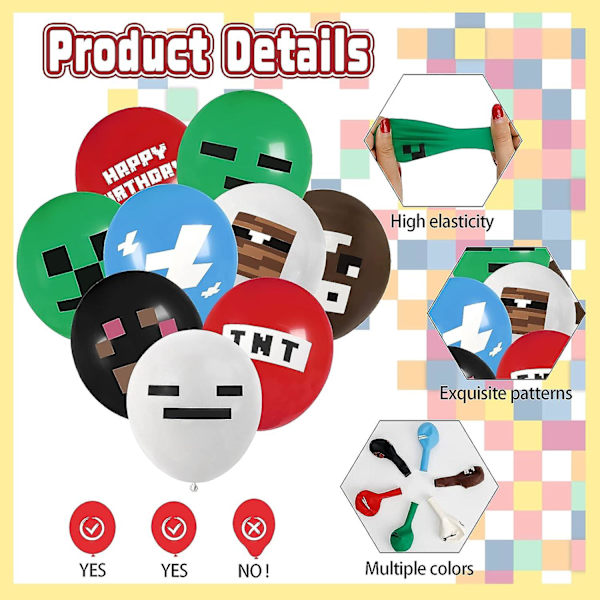 48 stk Pixel Miner Crafting Style Gamer Bursdagsballonger, 12 tommer Minecraft Bursdags Latexballonger, Dobbeltsidig Pixel Miner Crafting  (FMY)