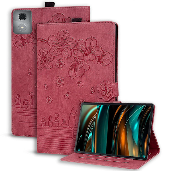 For Lenovo Tab M11 Plus/ Tab K11 Plus Veske Lær Stativ Nettbrett Deksel Blomst Katt Kortspor (FMY) Wine Red