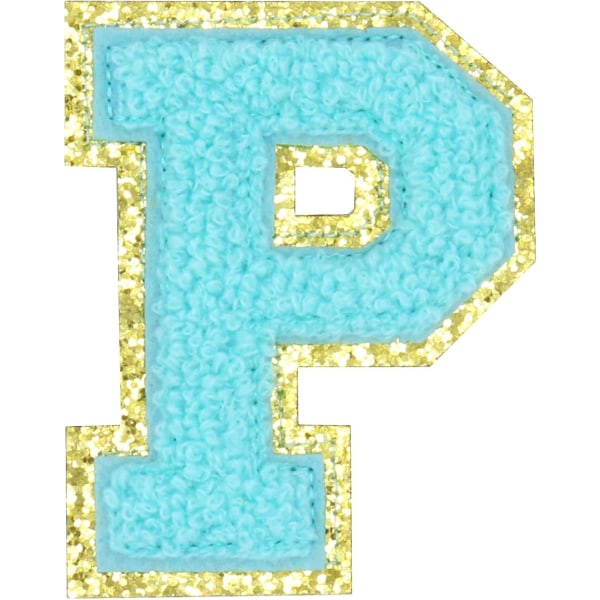 Engelska bokstaven P Stryk på reparationslappar Alfabetsömnad Applikationer Klädmärken, med guldglitterkant, självhäftande baksida Stickerblue Ppblue (FMY)