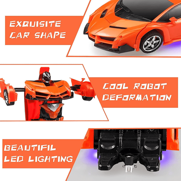 Fjernstyret Bil, Transformationsbil Robot Rc Biler Til Børn Drenge Piger Gave, 2.4g 1:18 Skala Racerbil Med En-knap- Orange  (FMY)