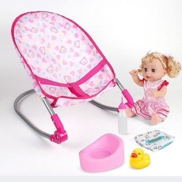 Pink dukkeklapvogn med tilbehør - sammenfoldelig og let babydukkemøbelsæt til rollespil Dukke medfølger ikke) (FMY) pink