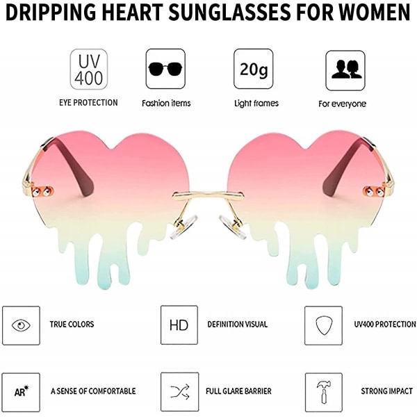 Dripping Heart -aurinkolasit naisille Reunattomat sulavat sydämenmuotoiset aurinkolasit Linssi Trendyt juhlalasit (FMY)