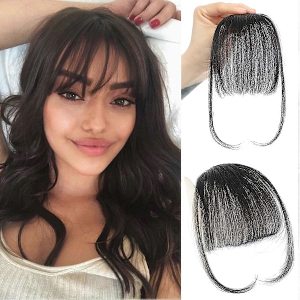 Luggs Hårklipp, 100% Äkta Mänskligt Hår, Tunna Luggs, Clip-on Luftluggs för Kvinnor, Böjda Luggs (FMY) Naturl Black