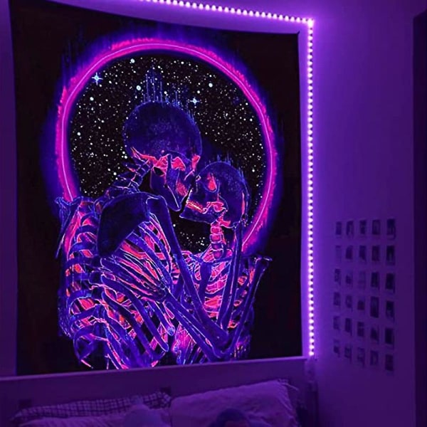 1 stk svart lys billedvev, Uv-reaktivt psykedelisk hodeskallemønster, Kiss Lovers-teppe, Skjelettveggdekor for soverom - 150cm X 200cm (FMY)