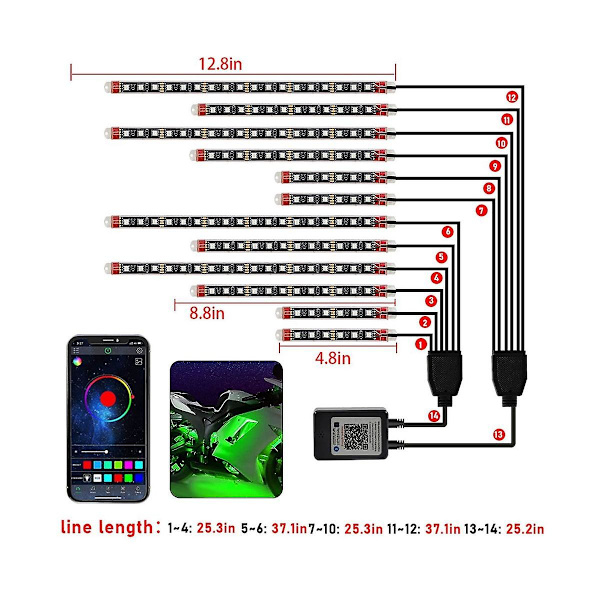 Moottoripyörän LED-alavalokitti, RGB-nauhat, vedenkestävä, 12 kpl (FMY)