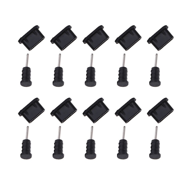 10 paria USB Type-C pölyltä suojaavaa silikonista valmistettua suojakannen porttitulppaa (musta)  (FMY)