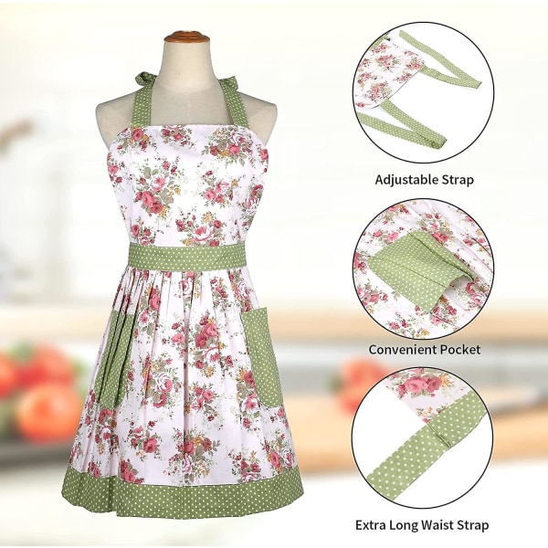 Köksförkläde för kvinnor Bomullsförkläde - med blommönster och fickor för matlagning eller bakning - vuxna