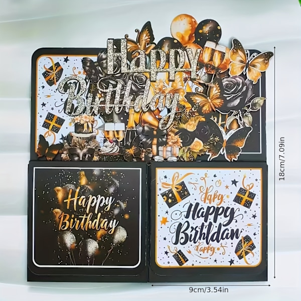 1 kpl Musta Kulta 3D Pop-up Syntymäpäiväkorttisetti Pallon ja Perhosen Koristeella - Sopii Miehille ja Naisille, Sisältää 1 Tervehdyskortin (FMY) Black Golden Birthday