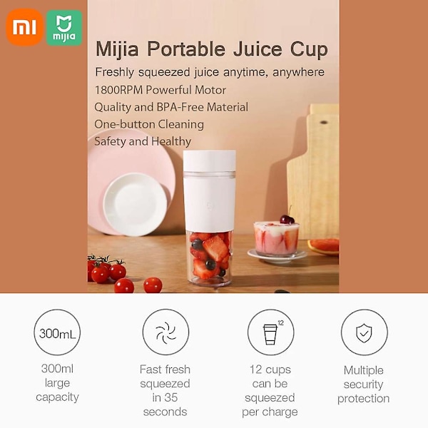 MIJIA Bærbar Blender Personlig Størrelse Blender USB 2600mAh Genopladelig Frugtmixer 300ml Smoot(FMY)