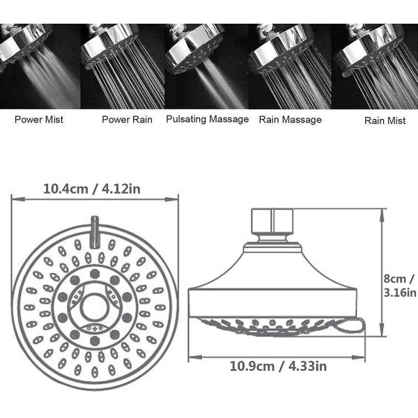 Regenbrause Suihkupää 5 Suihkuasetuksella, Veden Säästävä Suihkupää, SadeSuihku Suihkupää, Ruostumattomasta Teräksestä Valmistettu Pyöreä Suihkupää, Kromi Korkeapaineinen Säädettävä