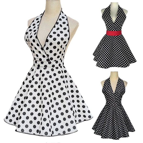 Retro Söpö Esiliina Naisille V-aukkoinen Pilkullinen Seksikäs Säädettävä Puuvillainen Keittiöesiliina Nauhoilla Koti- ja Työkäyttöön (FMY) Black   Red