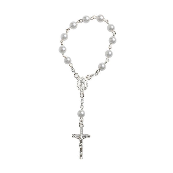 Katolsk korsfingerkæde Mini rosenkrans Finger dåb Rosenkranse Imiterede perler Armbånd til dåbsgaver Barnedåb (FMY) Silver