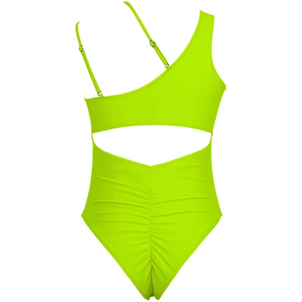 Womens One Shoulder Cutout Ruched Back High Cut Monokini One Piece Swimsuit, Neon Green, L (FMY)